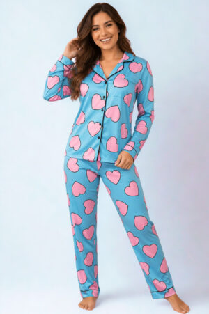 Pijama americano adulto manga longa/calça coração